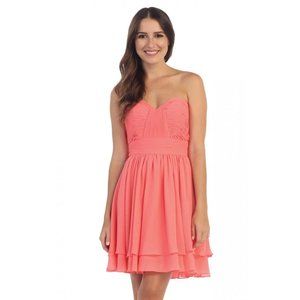 SHORT STRAPLESS CHIFFON DRESS WITH CORSET BACK BY STAR BOX 6097 (CORAL)